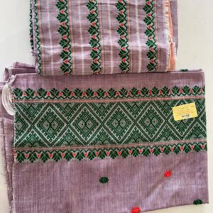 Handloom Assamese Cotton Mekhela Chador Set – Lavender with Green & Red Traditional Buta Work