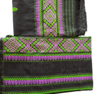 Handloom Mekhela Chador with Neon Green and Magenta Tribal Geometric Border