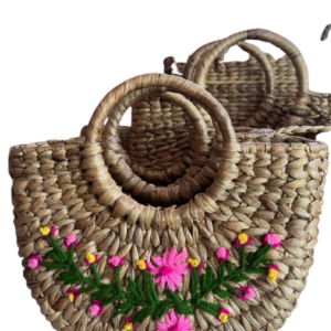 Handcrafted Water Hyacinth Half-Moon Tote Bag with Round Handles